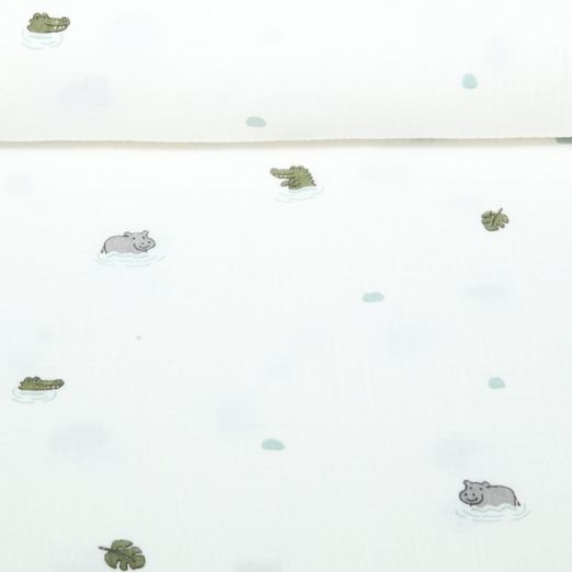 Gaze de coton - Double gaze Animaux dans l'eau Ecru