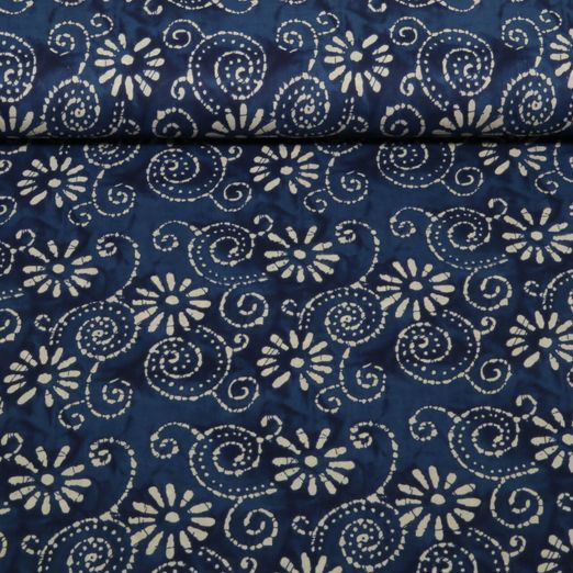 Voile de coton - Fleurs Batik Bleu marine