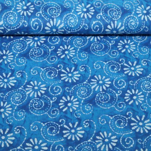 Voile de coton - fleurs de batik Bleu