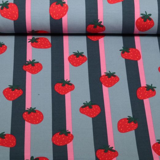 Jersey - Erdbeeren Streifen Jeansblau