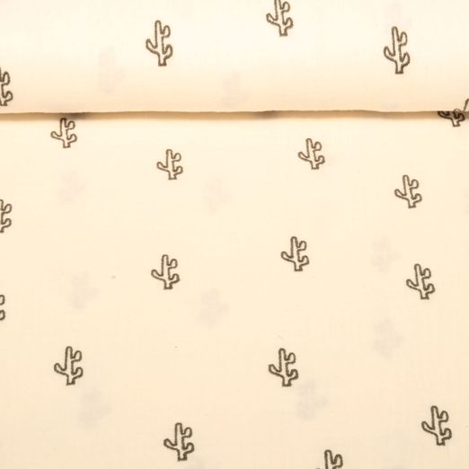 Baumwoll-Musselin - Double Gauze Bestickt Kakteen Ecru