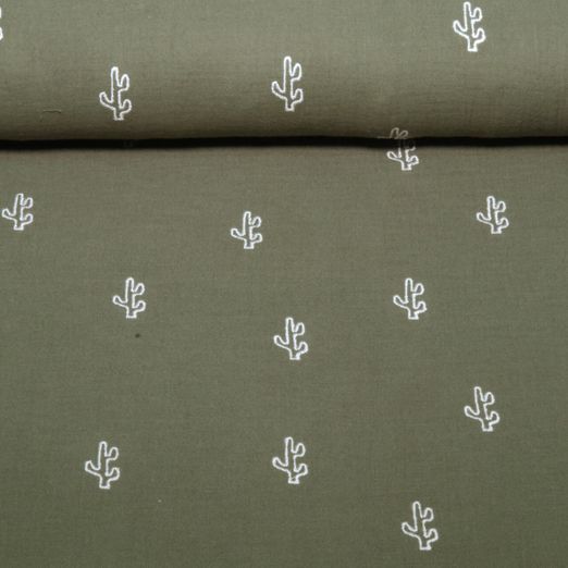 Gaze de coton - Double gaze brodée cactus vert olive