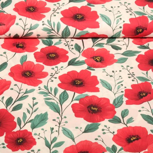Popeline de coton - Impression numérique coquelicots Blancs