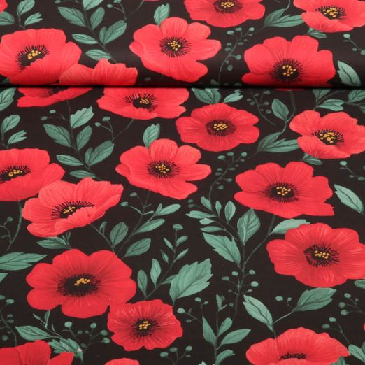 Popeline de coton - Impression numérique coquelicots Noir