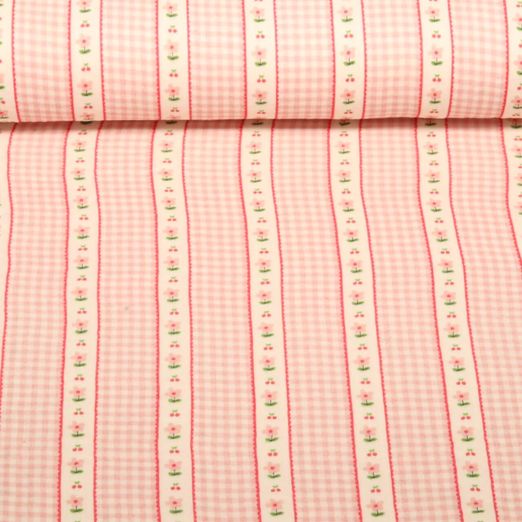 Gaze de coton - carreaux numériques bordure florale Rose