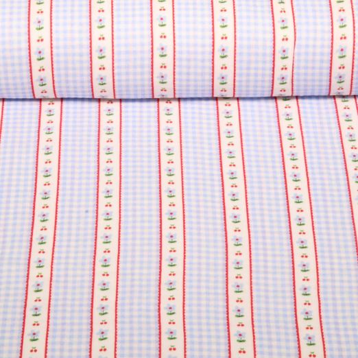 Gaze de coton - carreaux numériques bordure florale Bleu