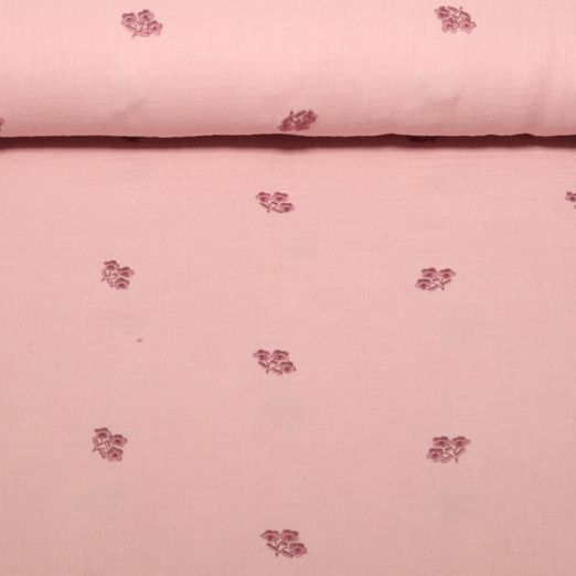 Gaze de coton - broderie fleurs Vieux rose