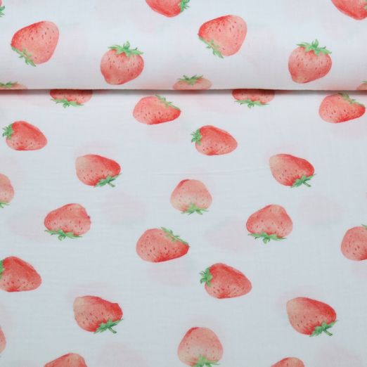 Gaze de coton - Impression numérique fraises Blanc