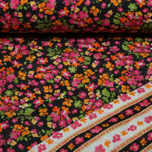 Tissu matelassé pour veste - Doubleface Impression numérique Petites fleurs Noir