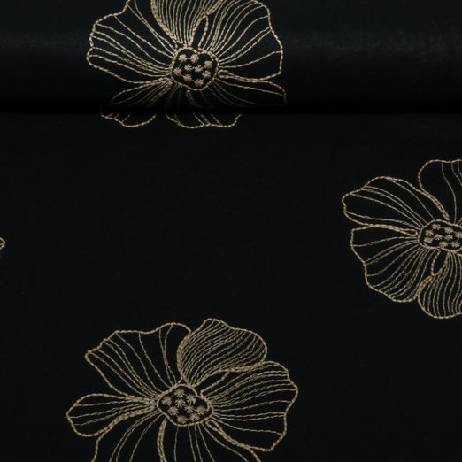 Viskose Leinen - Stickerei Blumen Schwarz
