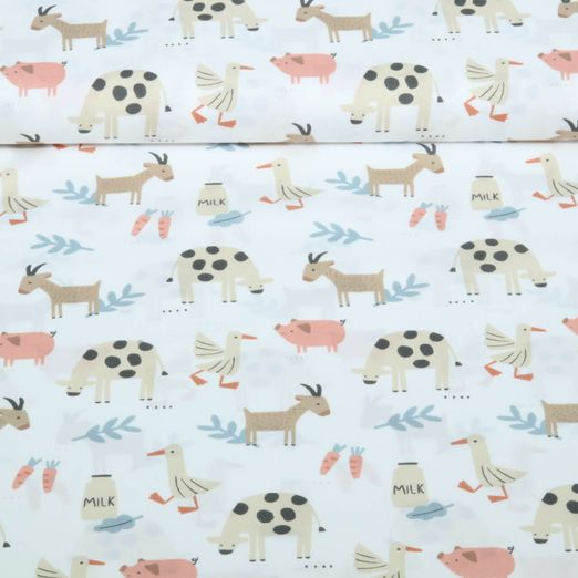 Popeline de coton bio - Animaux de la ferme Blanc