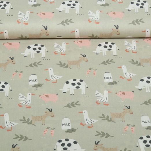 Popeline de coton bio - Animaux de la ferme Beige foncé