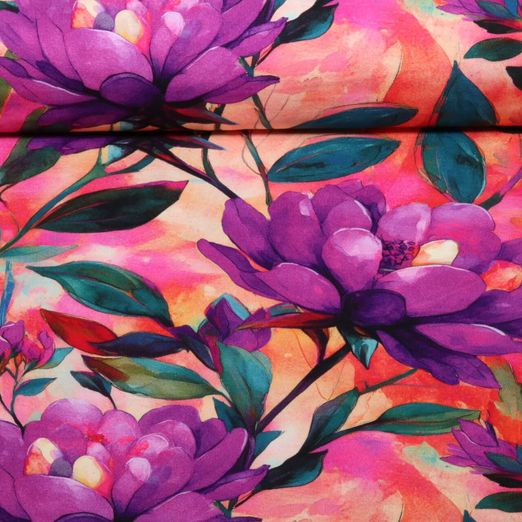 Jersey de viscose - Impression numérique Grandes fleurs Violet Multicolore