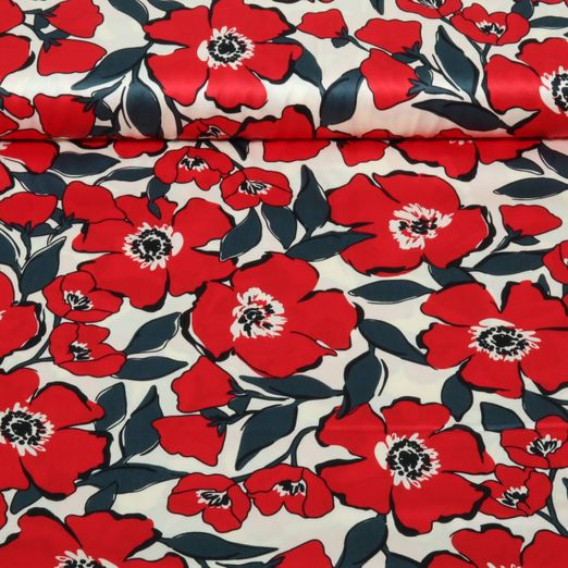 Baumwoll-Satin - Blüten Ecru Rot