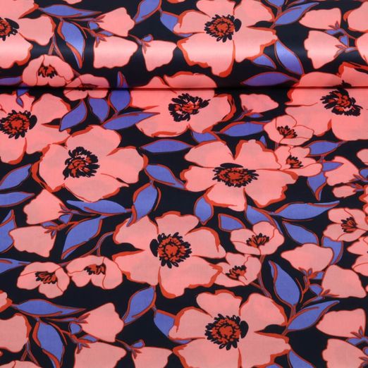 Baumwoll-Satin - Blüten Navy Lachs