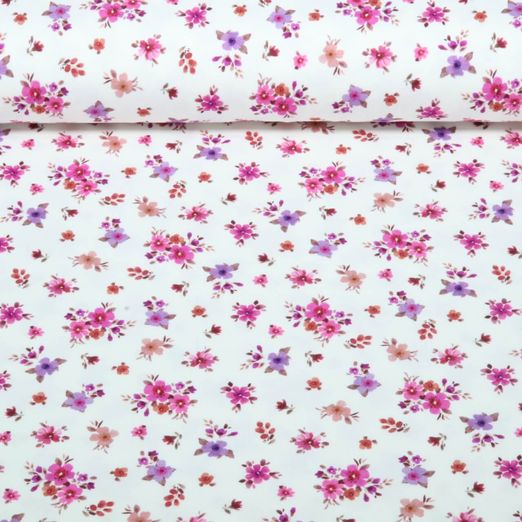 Jersey - Impression numérique Petites fleurs Ecru Fuchsia