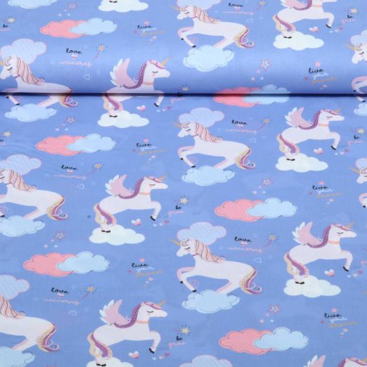 Popeline de coton - Licornes Bleu