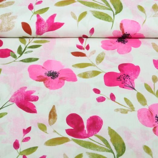 Viscose - Impression numérique Fleurs Blanc Rose