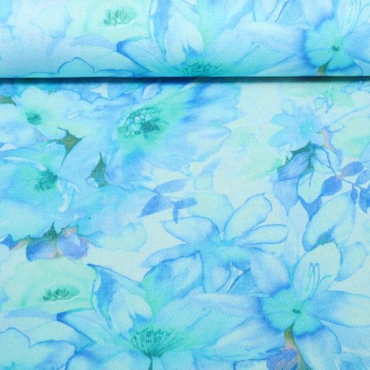 Viskosestrickjersey - Digital Aquarellblüten Aqua