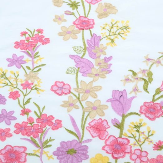 Popeline de coton - Broderie de fleurs Blanc Multicolore
