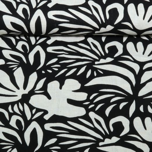Lin viscose - Fleurs abstraites Beige Noir