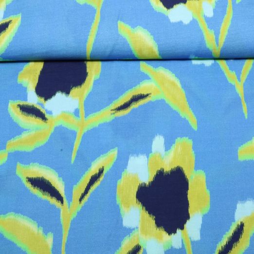 Kleider und Blusenstoff -  Twill Digital Blumen Jeansblau