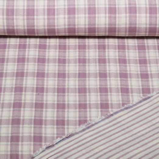 Gaze de coton - Doubleface carreaux rayures Beige Lilas