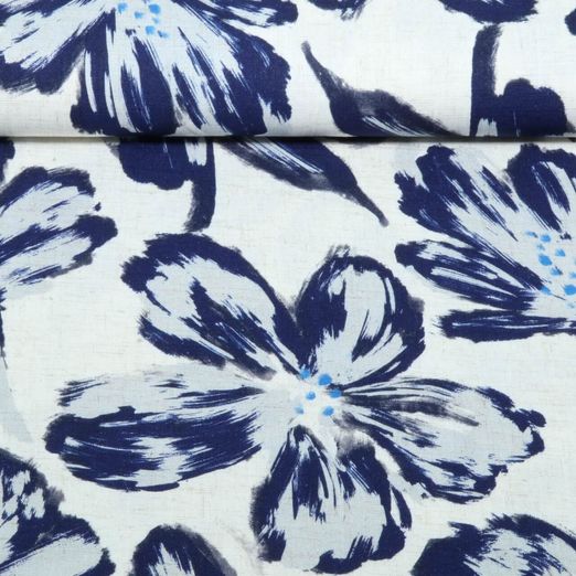 Viskoseleinen - Digital Große Blüten Beige Blau