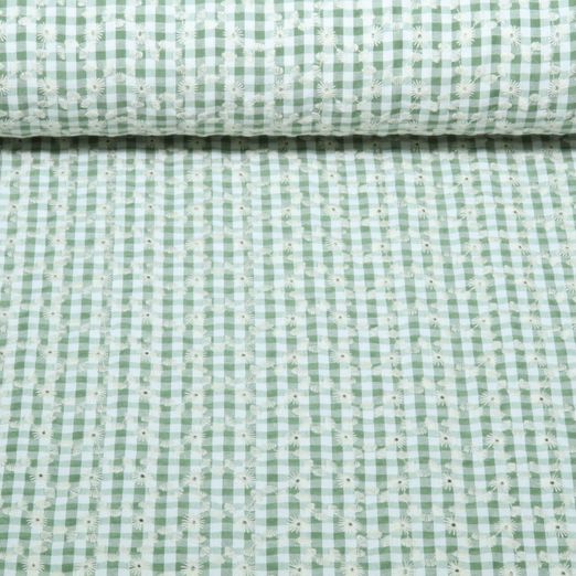 Coton tissé - Carreaux Fleurs Brodées Vert