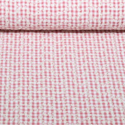 Coton tissé - Carreaux Fleurs brodées Rouge