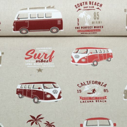 Toile - VW Combi Van California Paradise Beige Rouge aspect lin