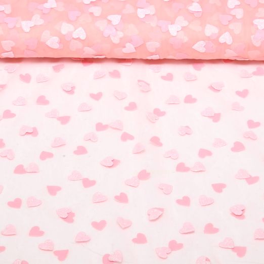 Softtüll - Flockprint Glitzerherzen Rosa