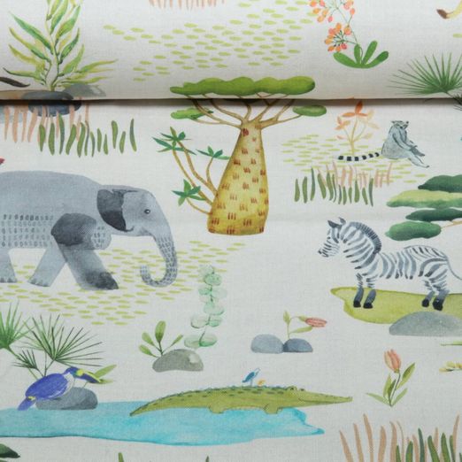 Baumwoll-Canvas - Digital Tiere Afrikas Beige