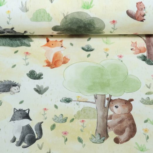 Baumwoll-Canvas - Digital Tiere im Wald Gelb