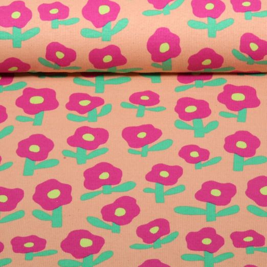 Bio Rippjersey - Blumen Jennifer Bouron Pfirsich