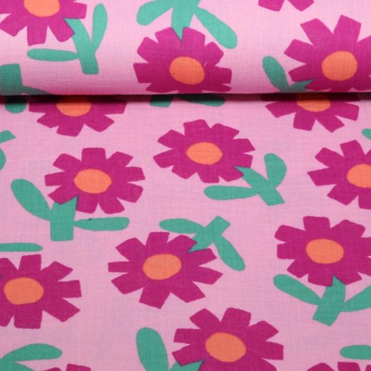 Gaze de coton bio - Fleurs Jennifer Bouron Rose Fuchsia