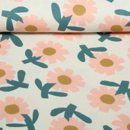 Gaze de coton bio - Fleurs Jennifer Bouron Naturel Saumon