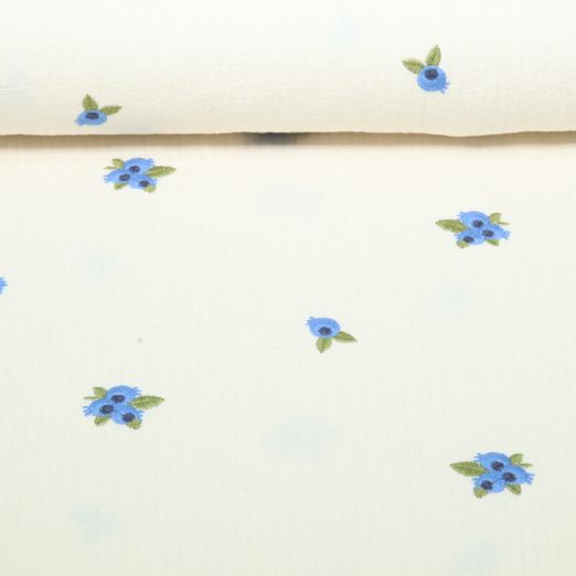 Gaze de coton - Broderie rayures piquées fleurs Naturel