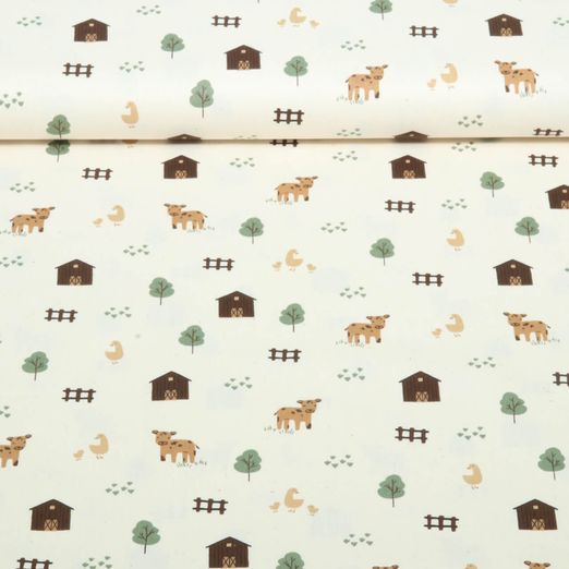 Popeline de coton bio - Animaux de ferme Naturel