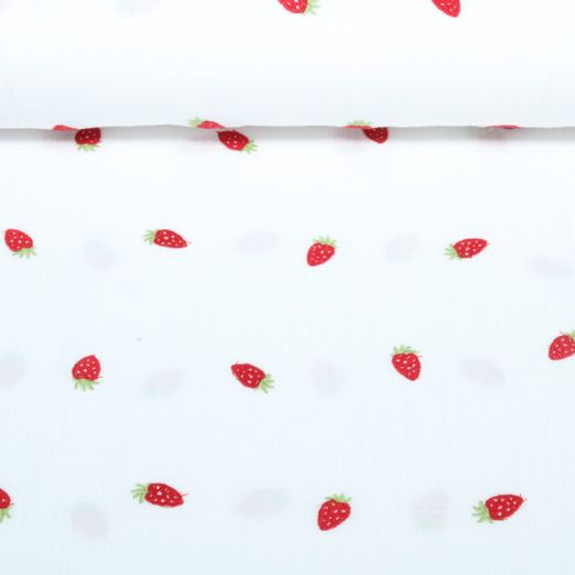 Baumwoll-Musselin - Double Gauze Bestickt Erbeeren Weiß Baumwoll-Musselin - Double Gauze Bestickt Erbeeren Weiß