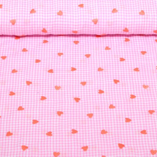 Baumwoll-Webware - Bestickt Herzen Rosa