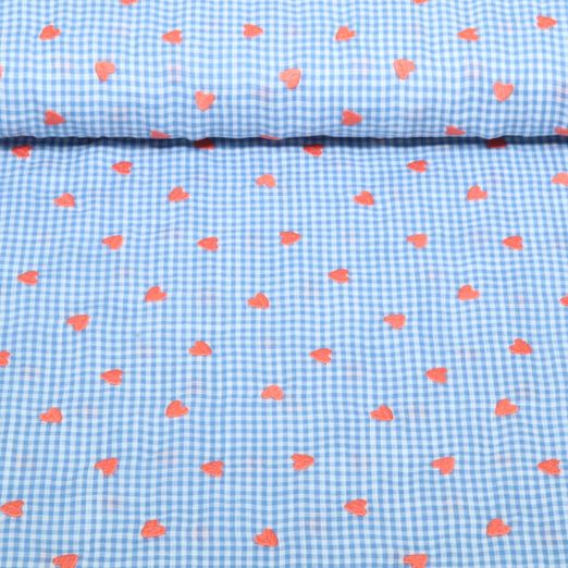 Baumwoll-Webware - Bestickt Herzen Blau
