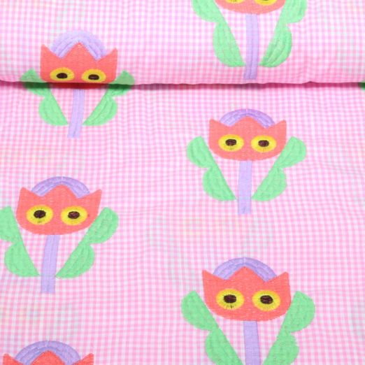 Baumwoll-Webware - Bestickt Karo Tulpen Rosa