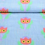 Baumwoll-Webware - Bestickt Karo Tulpen Blau