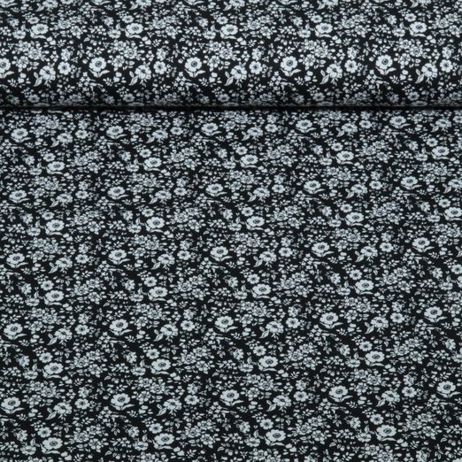 Popeline de coton - Fleurs Noir Blanc