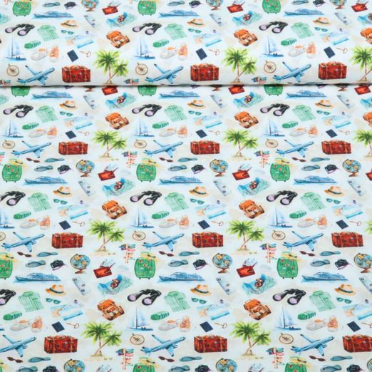Popeline de coton - En voyage Blanc Multicolore Popeline de coton - En voyage Blanc Multicolore