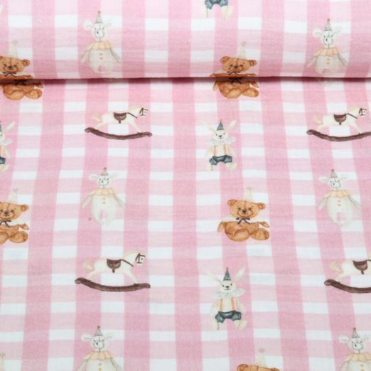 Gaze de coton - Carreaux Vintage Animaux de jeu Rose Gaze de coton - Carreaux Vintage Animaux de jeu Rose