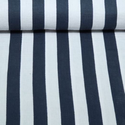Baumwoll-Musselin - Blockstreifen Weiß Navy Baumwoll-Musselin - Blockstreifen Weiß Navy