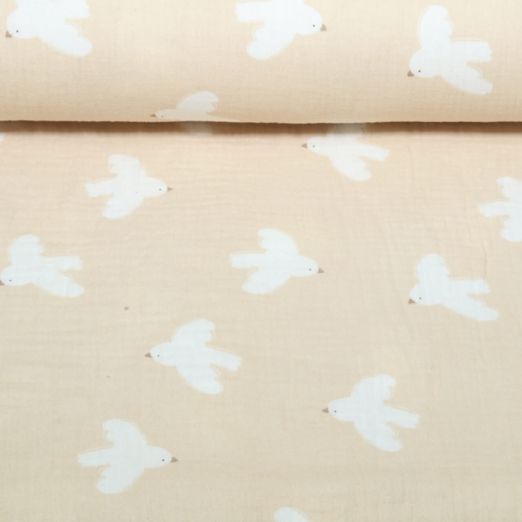 Gaze de coton - Oiseaux Beige Gaze de coton - Oiseaux Beige