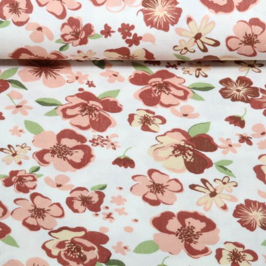Gaze de coton - fleurs Ecru Vieux rose Gaze de coton - fleurs Ecru Vieux rose